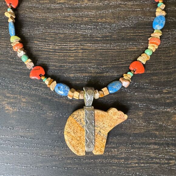 Carolyn Pollack Relios Sterling Silver Jasper Bear Pendant Necklace Southwestern - Picture 2 of 16
